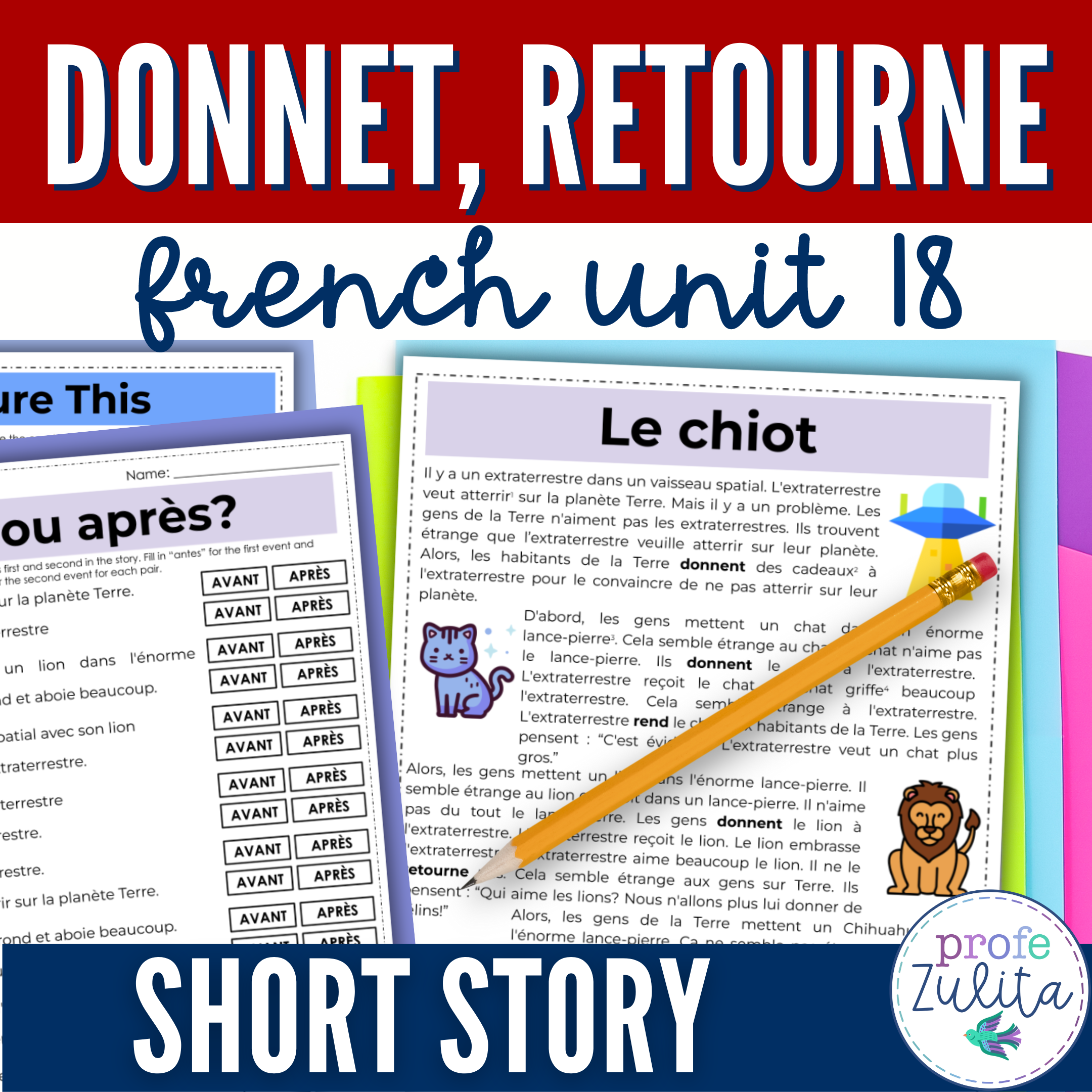 French Unit 18 - Reading Comprehension Activities - Short Story donnet, retourne