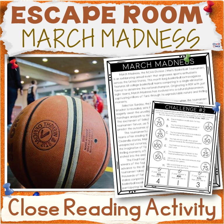 March Madness Escape Room Close Reading Passage Comprehension Activity