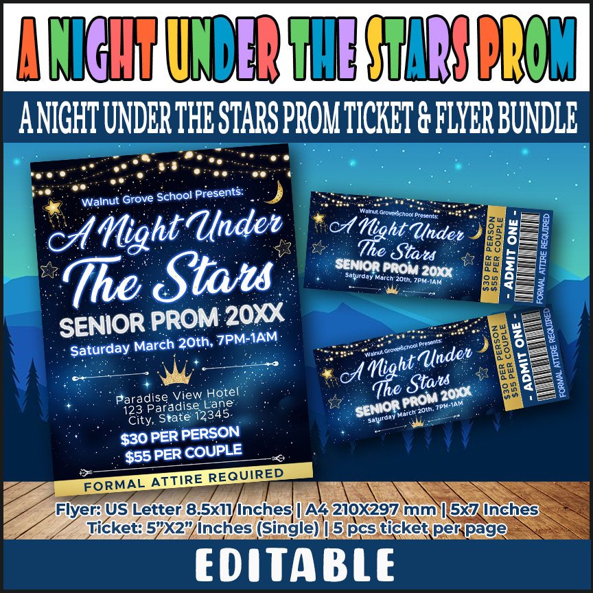 Editable A Night Under The Stars Prom Flyer and Ticket Set, School Prom Bundle Template