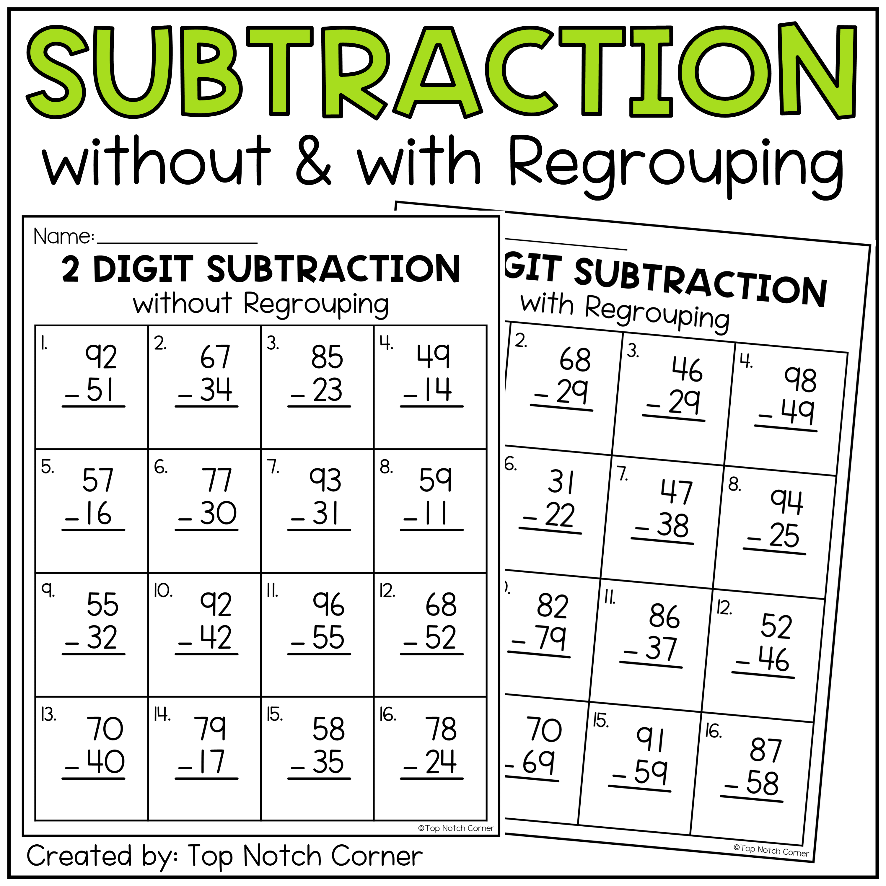 2 Double Digit Subtraction with and without Regrouping