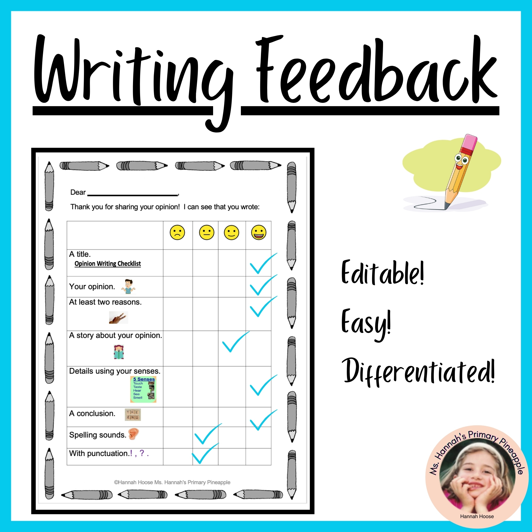 Editable Writing Feedback Assessment- Fiction, Nonfiction, Opinion, Narrative