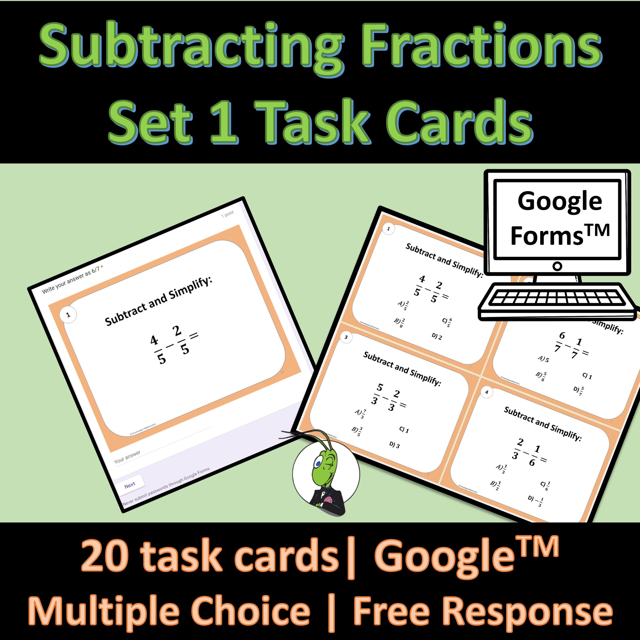 Subtracting Fractions Task Cards Set 1 Google Forms and Slides for PreAlgebra