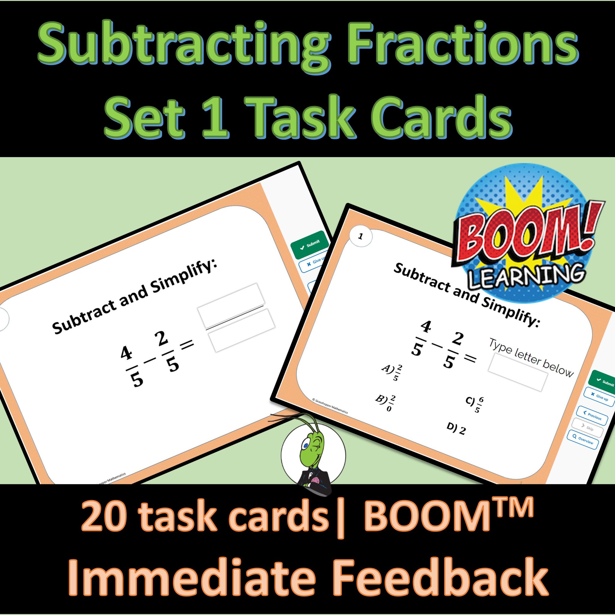 Subtracting Fractions Set 1 Boom Digital Task Cards | Made By Teachers