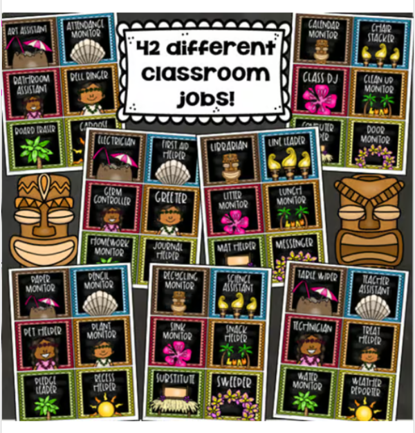 Classroom Jobs Helpers Chart Labels Signs Tropical Tiki Luau Theme ...