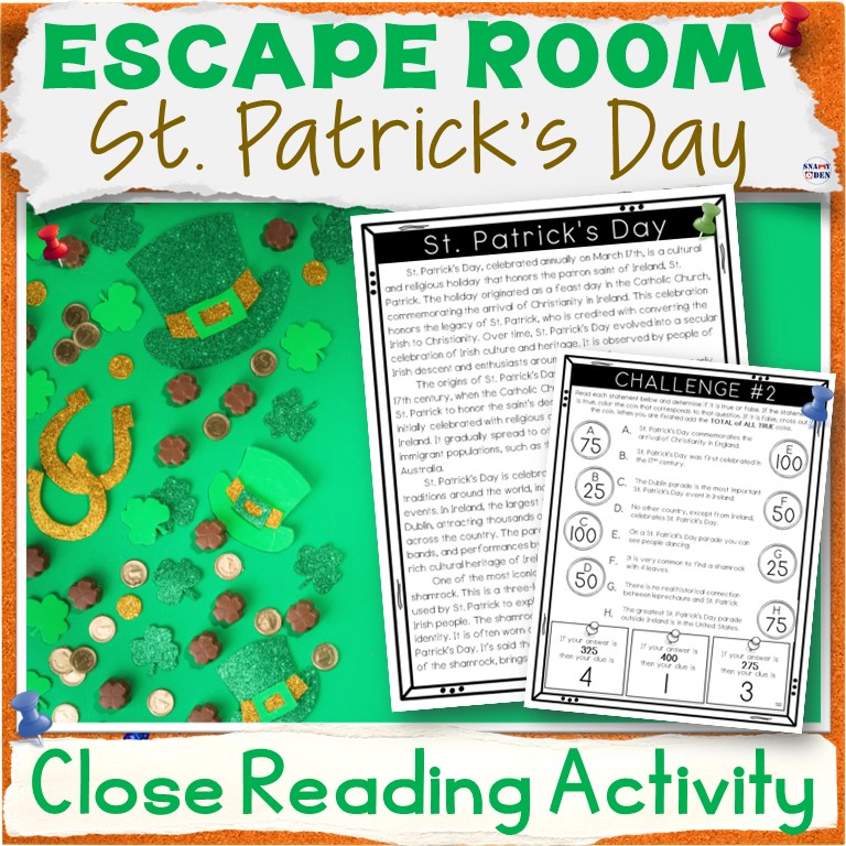 St Patrick's Day Escape Room Close Reading Passage - St Pattys Day Fun Activity