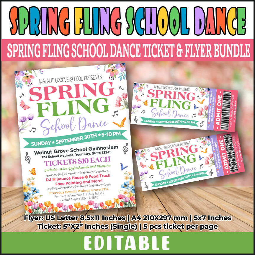 Editable Spring Fling School Dance Flyer and Ticket Bundle Template, School Spring Theme Party Set