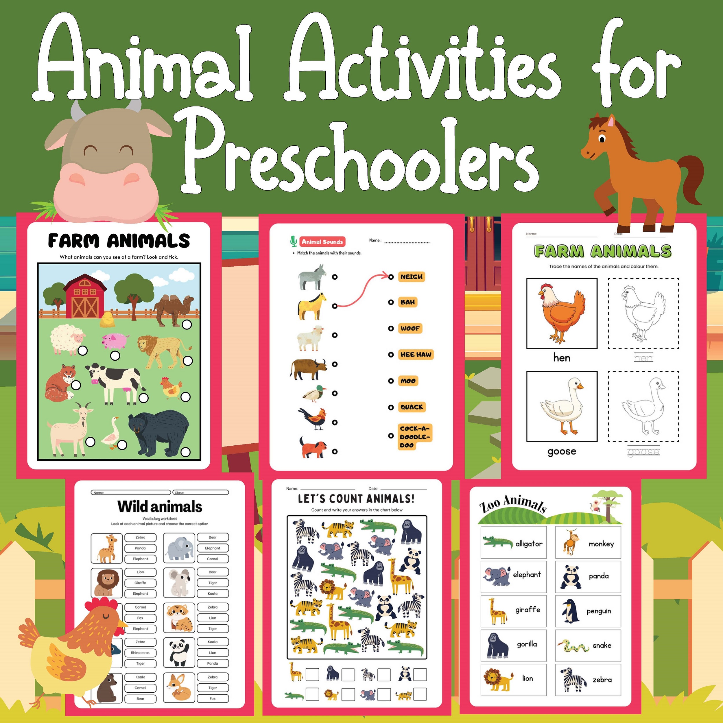 Cute Animals Activities for Preschoolers: Coloring, cutting, Flashcards, Reading