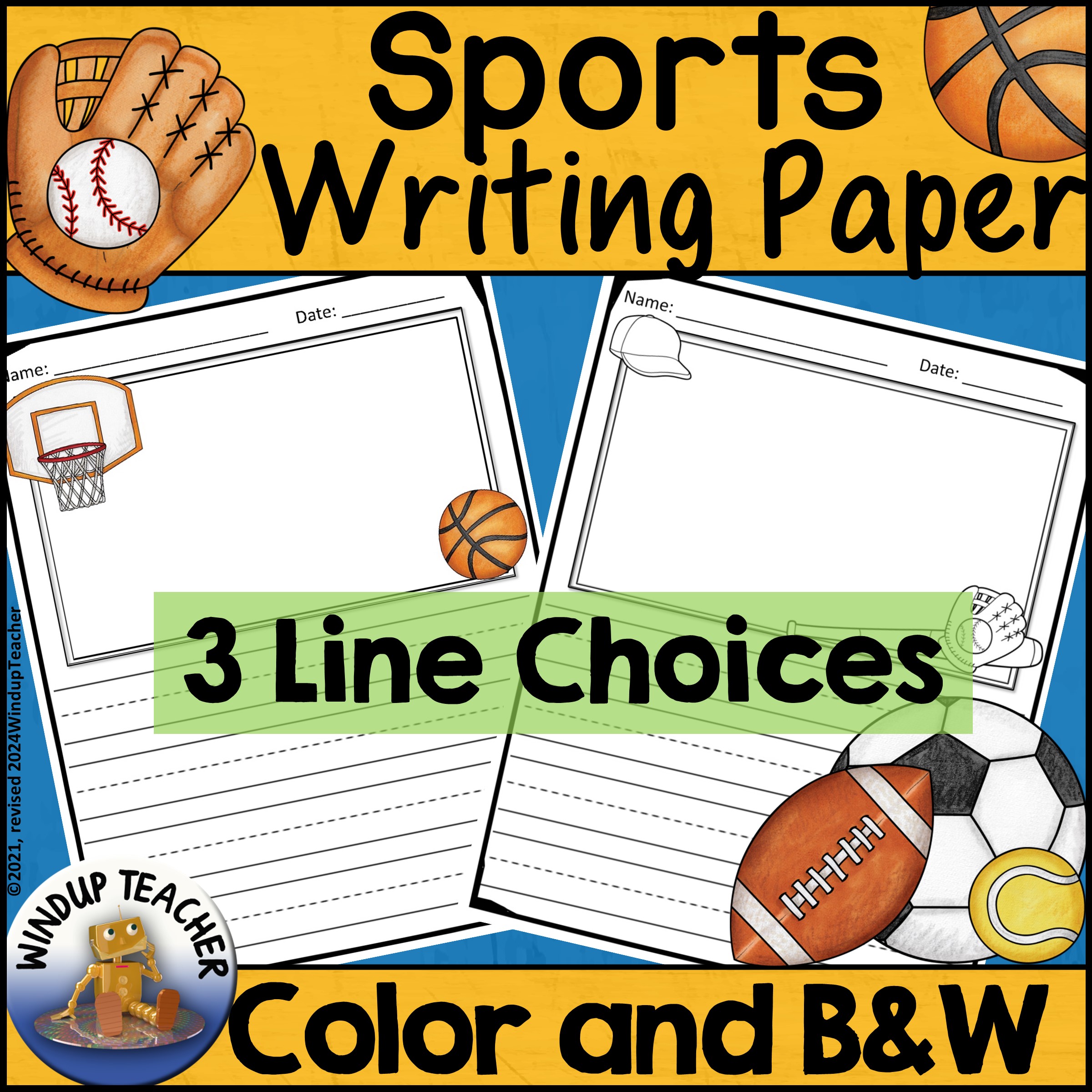 Sports Writing Papers with Picture Box & 3 Writing Line Choices, Football & More
