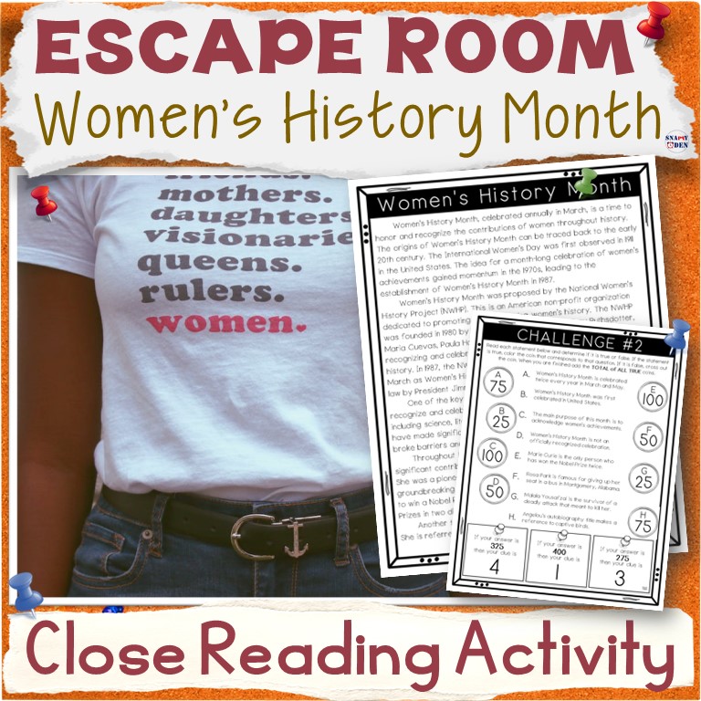Women's History Month Escape Room Close Reading Passage Comprehension Activity