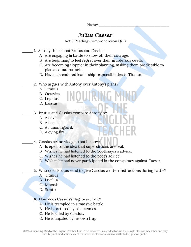 Julius Caesar Quizzes, Close Reading Worksheets, Vocabulary Games, and ...