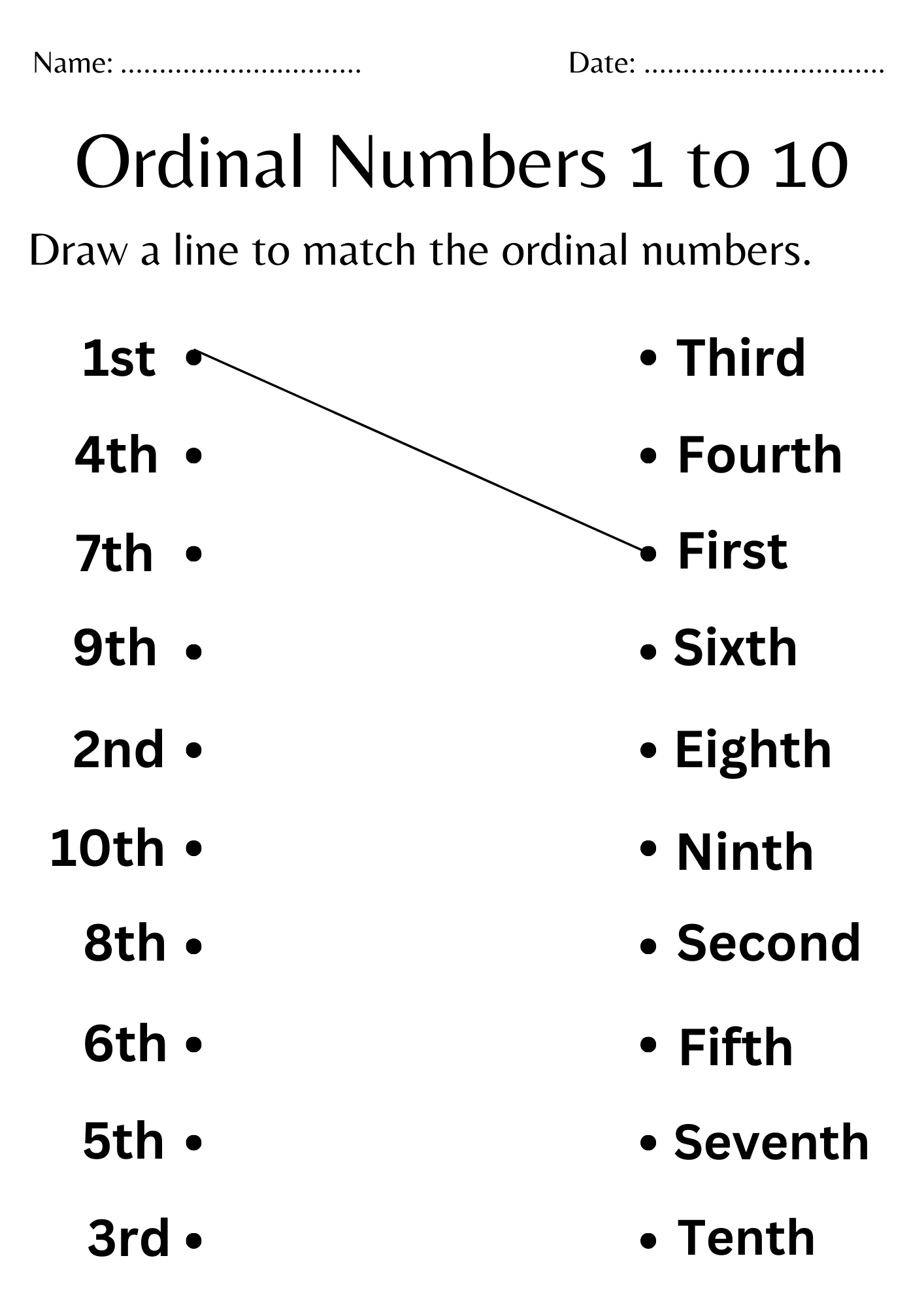 Ordinal numbers 1 to 10 worksheet for kindergarten - Writing ordinal number 1-10
