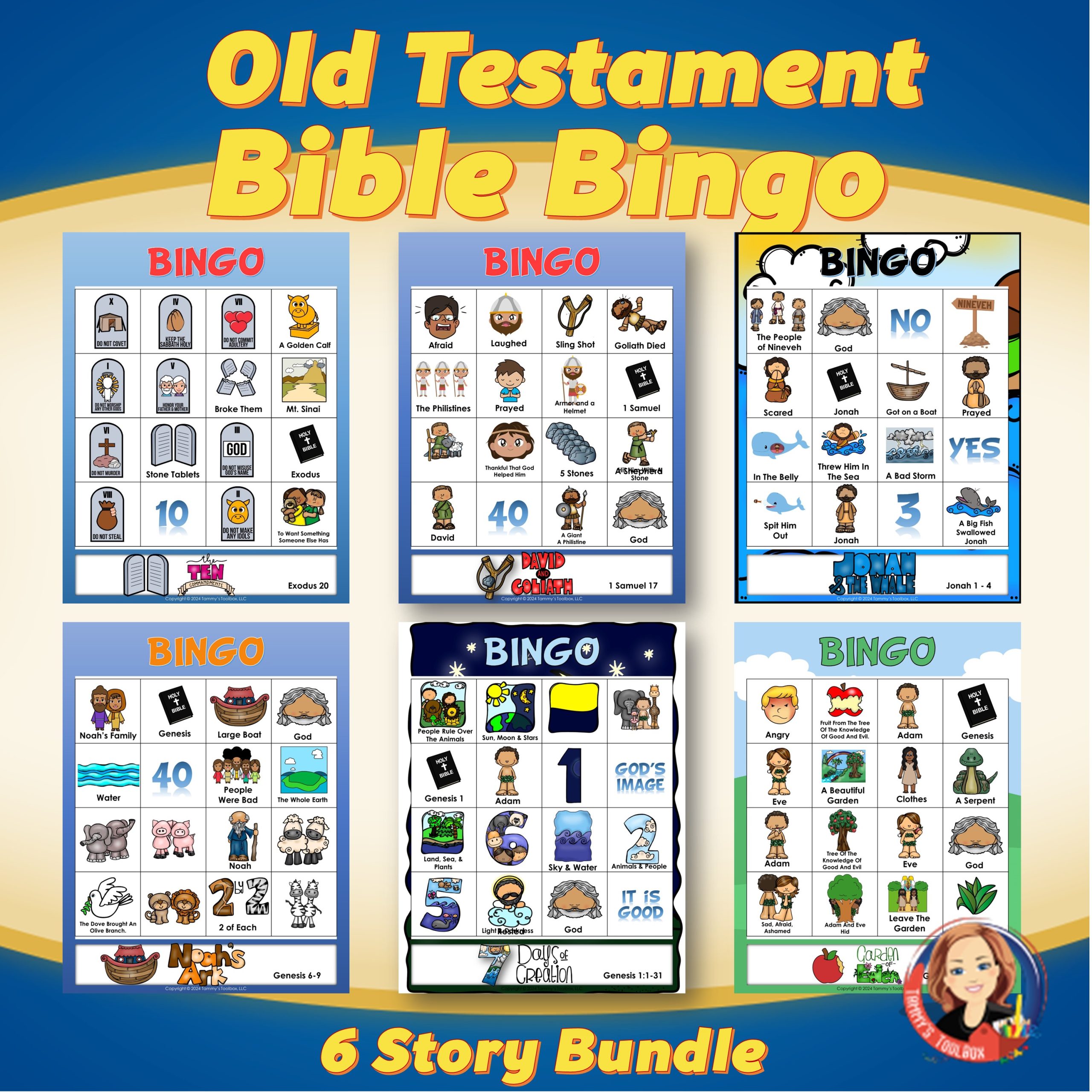 Old Testament Bible Bingo Bundle with Six Games to Review Bible Lessons