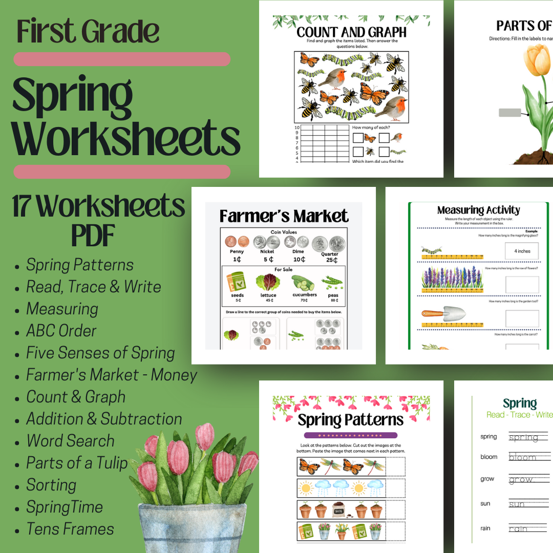 First Grade Spring Workbook, worksheets, math, reading, counting, language arts, homeschool