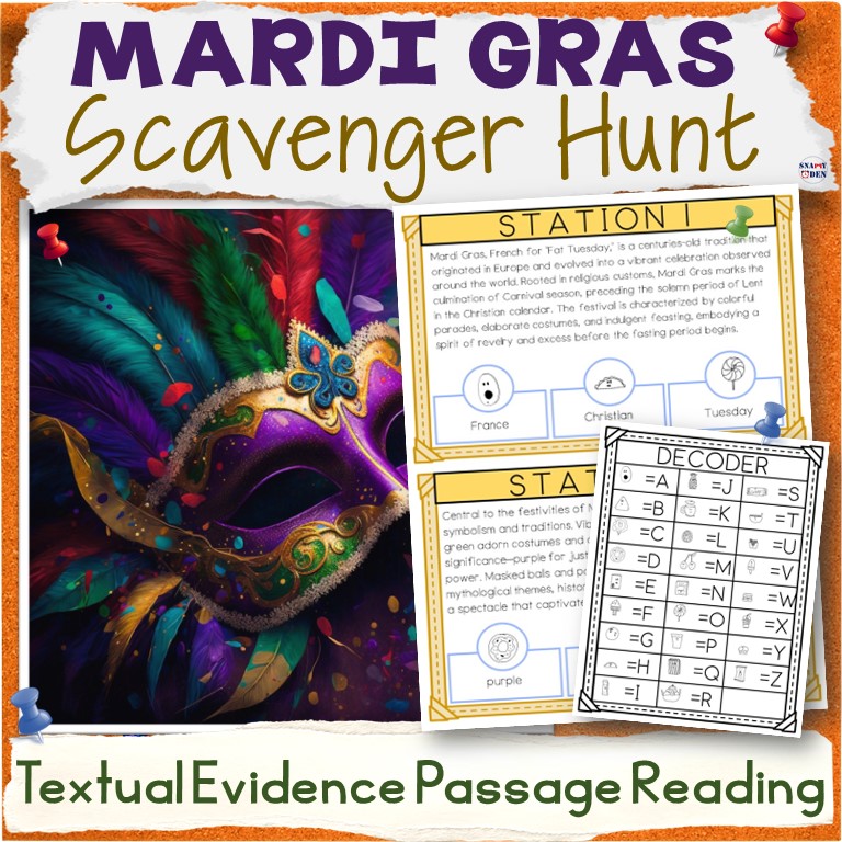 Mardi Gras Scavenger Hunt Reading Passages Textual Evidence Activities