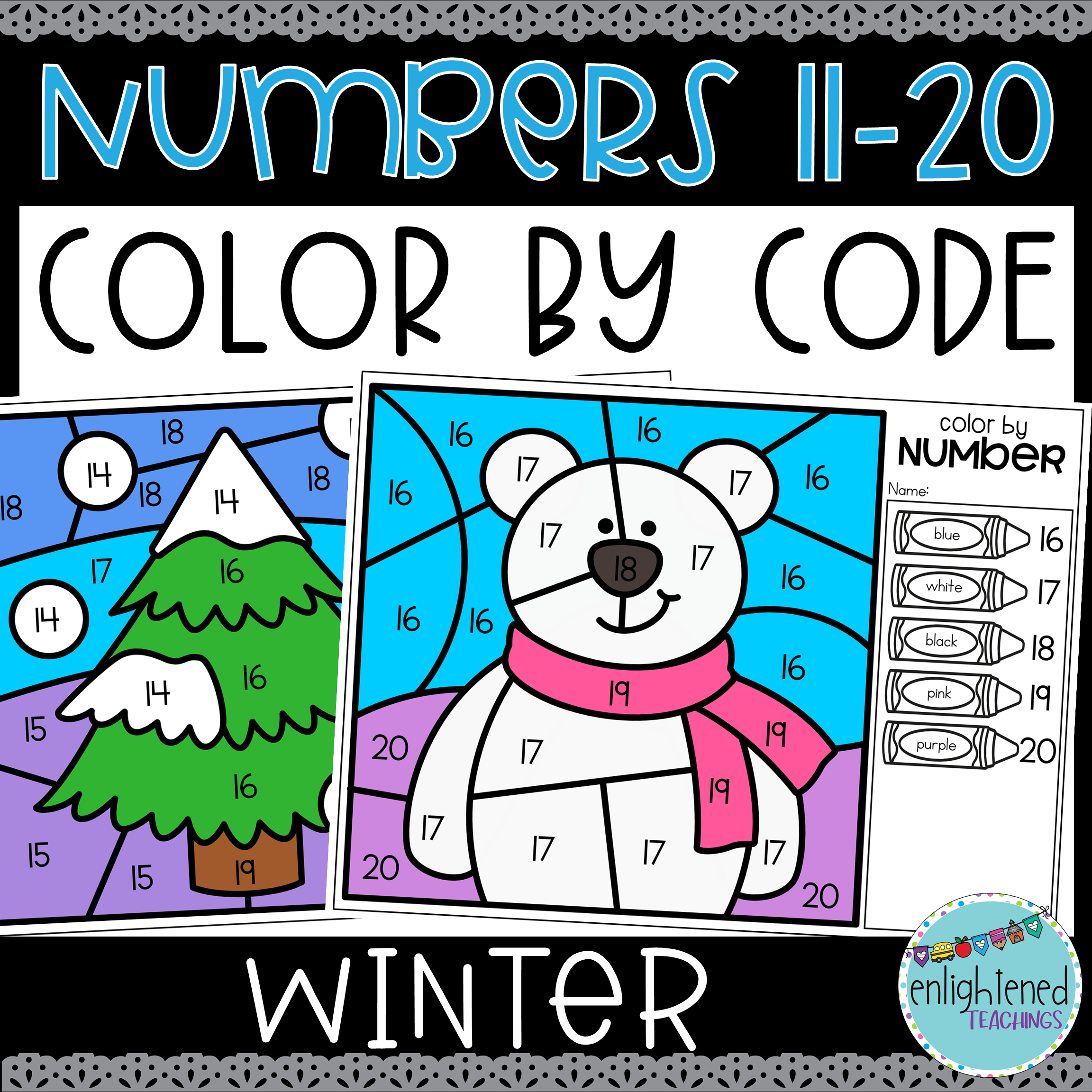 Winter Numbers 11 to 20 Color by Code Number Recognition Winter Numbers to 20
