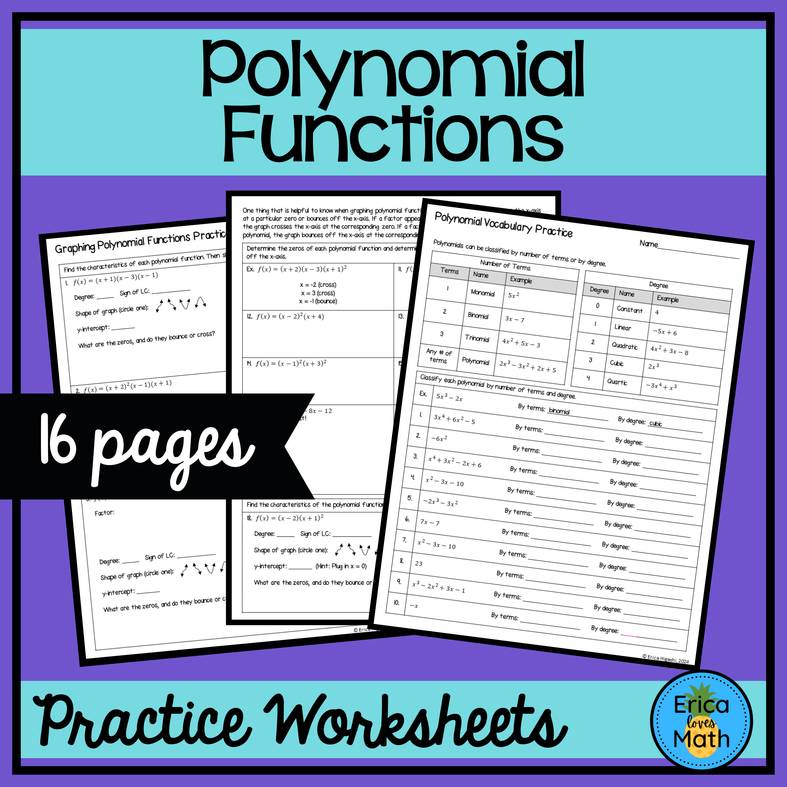 Polynomial Functions Worksheets (Remainder Theorem, Finding Zeros, Graphing)