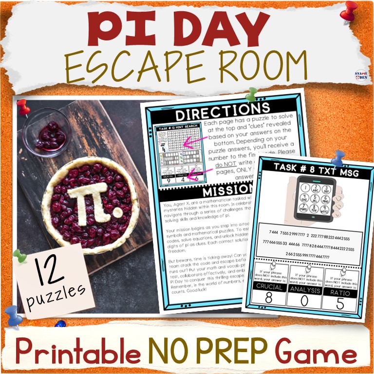 Pi Day Escape Room Printable Activity - 12 Puzzles NO PREP Breakout Game Kit