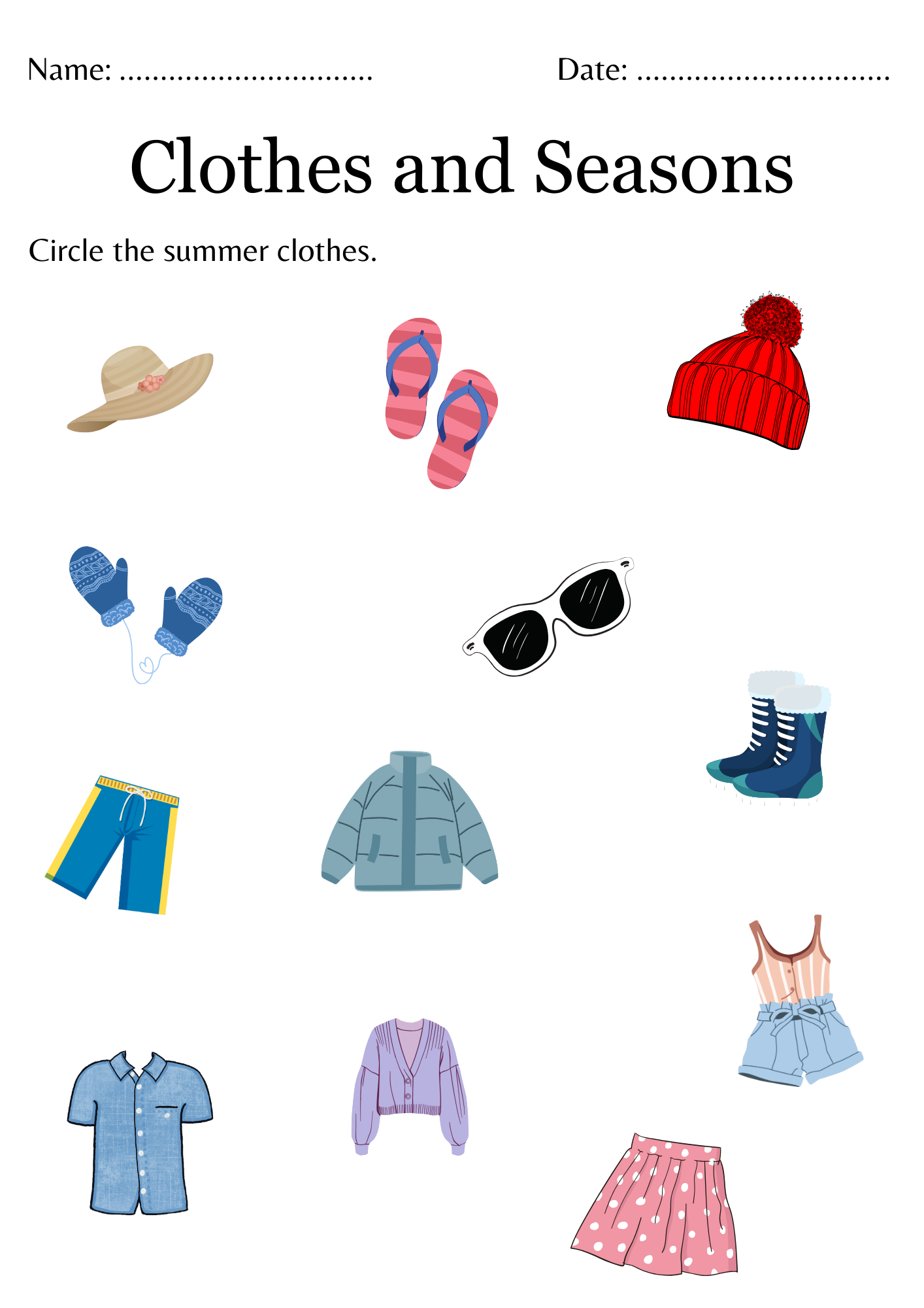 Printable clothes for different seasons worksheet - weather and clothes activity