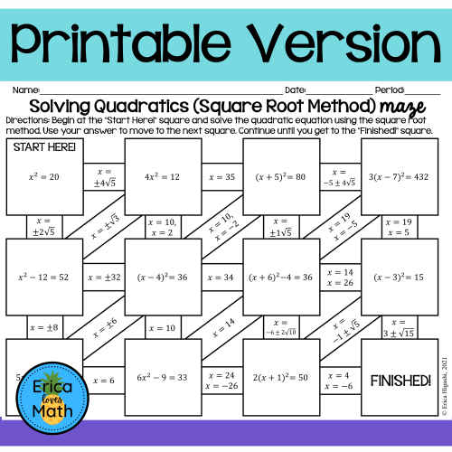 Solving Quadratic Equations by Square Root Method Printable & Digital ...