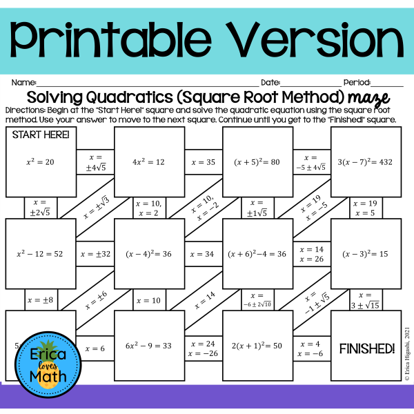 Solving Quadratic Equations by Square Root Method Printable & Digital ...
