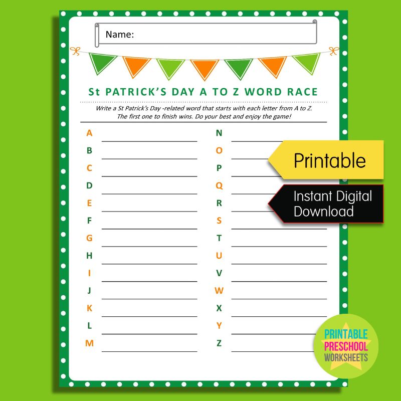St Patrick's Day A to Z Word Race | Printable Game for St Paddy's Day