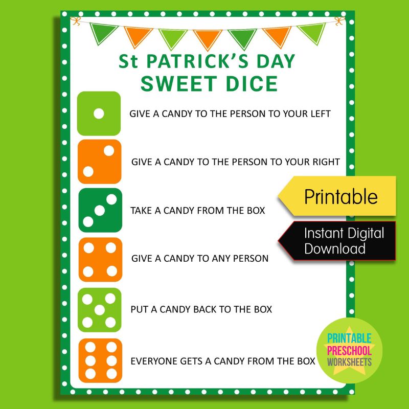 St.Patrick's Day Sweet Dice Game, Candy Dice Game, NO PREP class party game