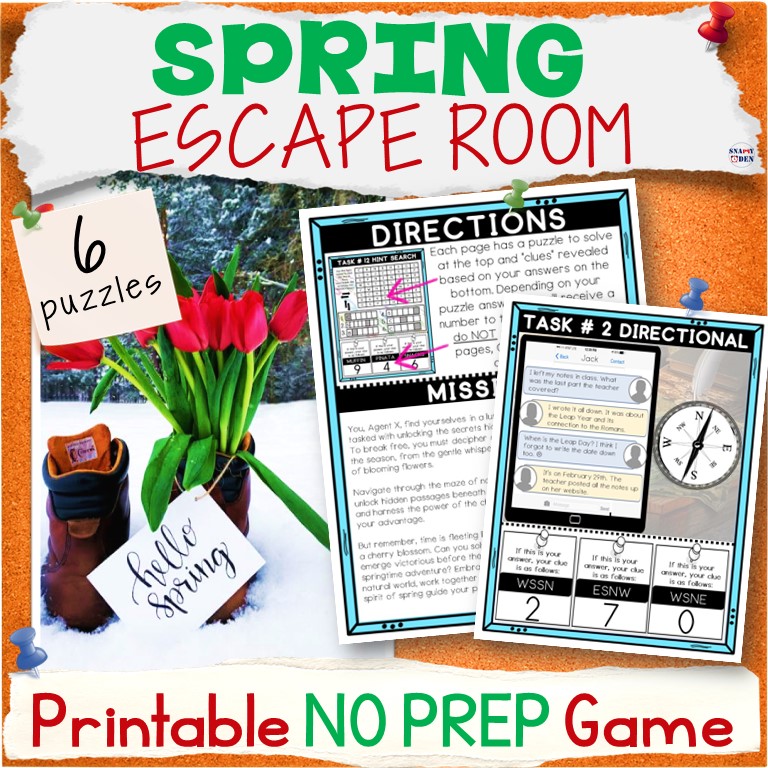 Spring Escape Room Printable Activity - 6 Puzzles NO PREP Breakout Game Kit