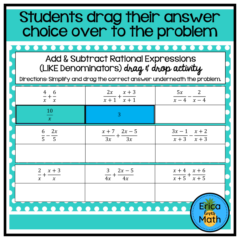Adding & Subtracting Rational Expressions Digital Drag & Drop Activity ...
