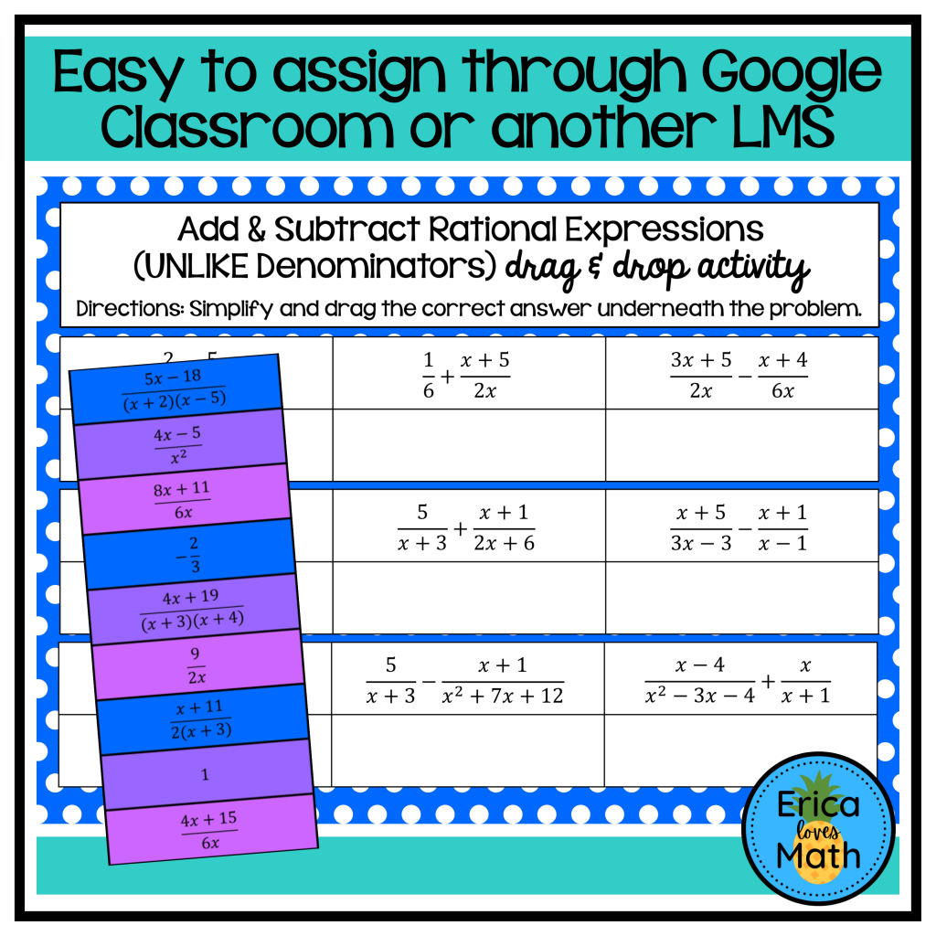 Adding & Subtracting Rational Expressions Digital Drag & Drop Activity ...