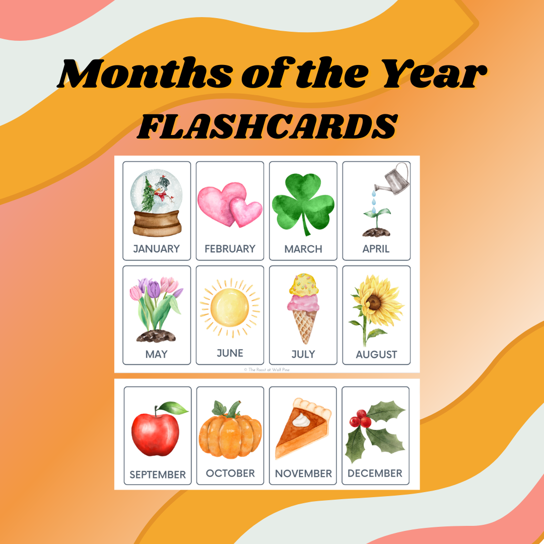 Months of the Year Flashcards, Printable, Pre-k, Homeschool, Montessori