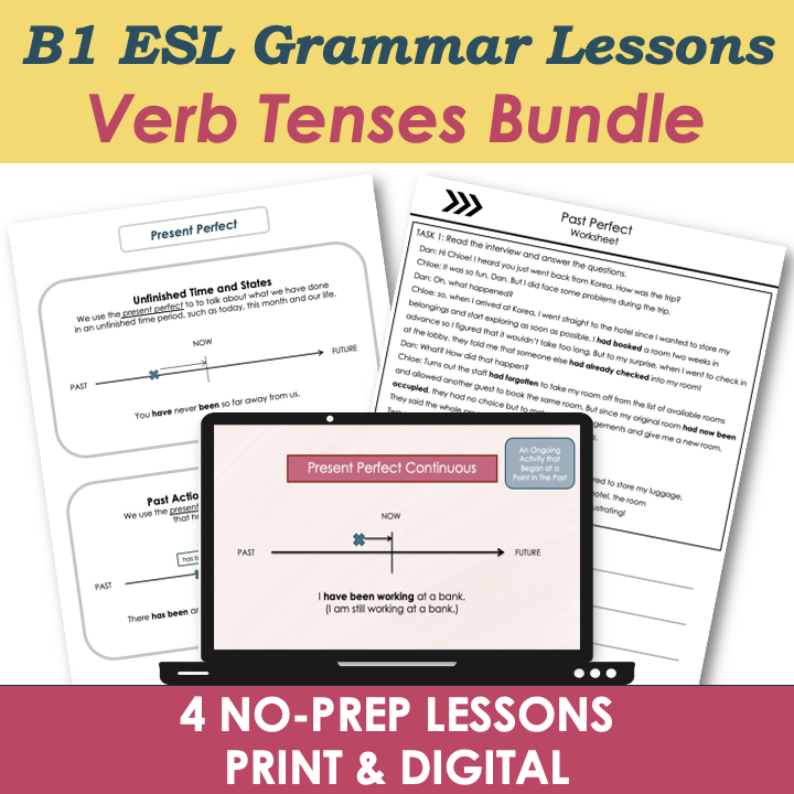 Grammar Lesson Plans, Activities, Worksheets - B1/Intermediate Verb Tenses BUNDLE - Adult ESL EFL