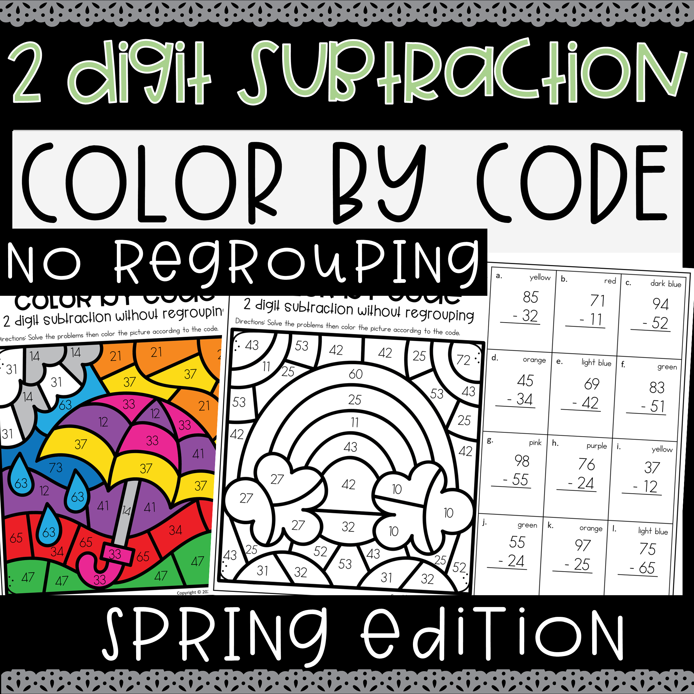 Spring 2 Digit Subtraction without Regrouping Worksheet Color by Code