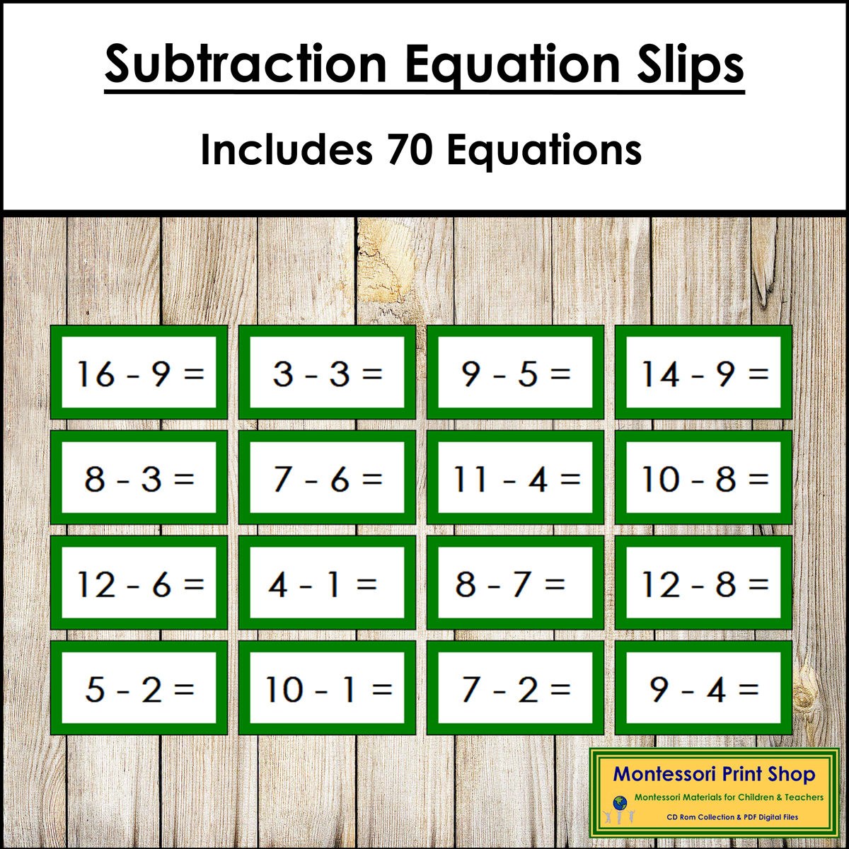 Subtraction Equation Slips (color-coded) - Montessori Math