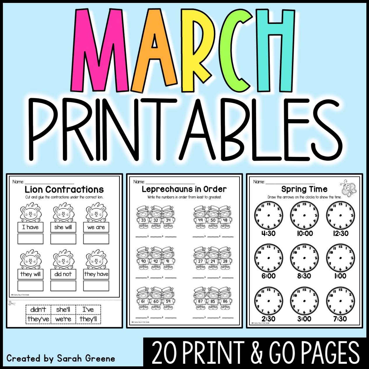 March No-Prep Literacy and Math Printable Worksheets for First Grade