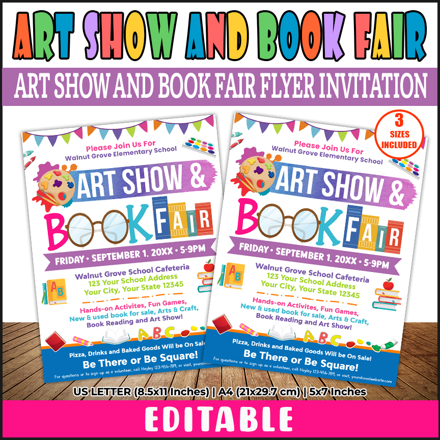 Editable Art Show and Book Fair Flyer, School Art and Book Theme Invitation Template