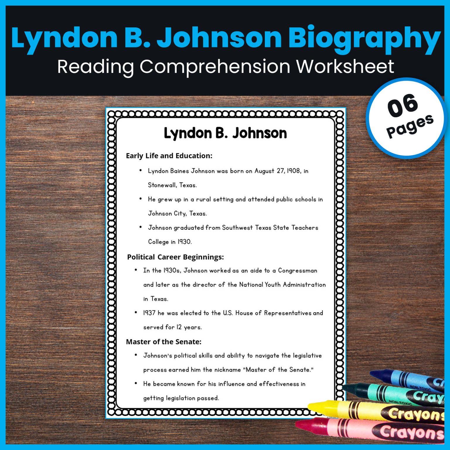 Lyndon B. Johnson Biography Reading Comprehension - 1960s Worksheet ...