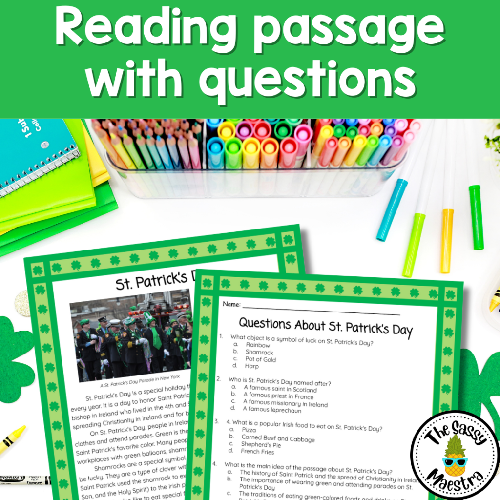 St. Patrick's Day Reading Comprehension Passage and Questions Print ...