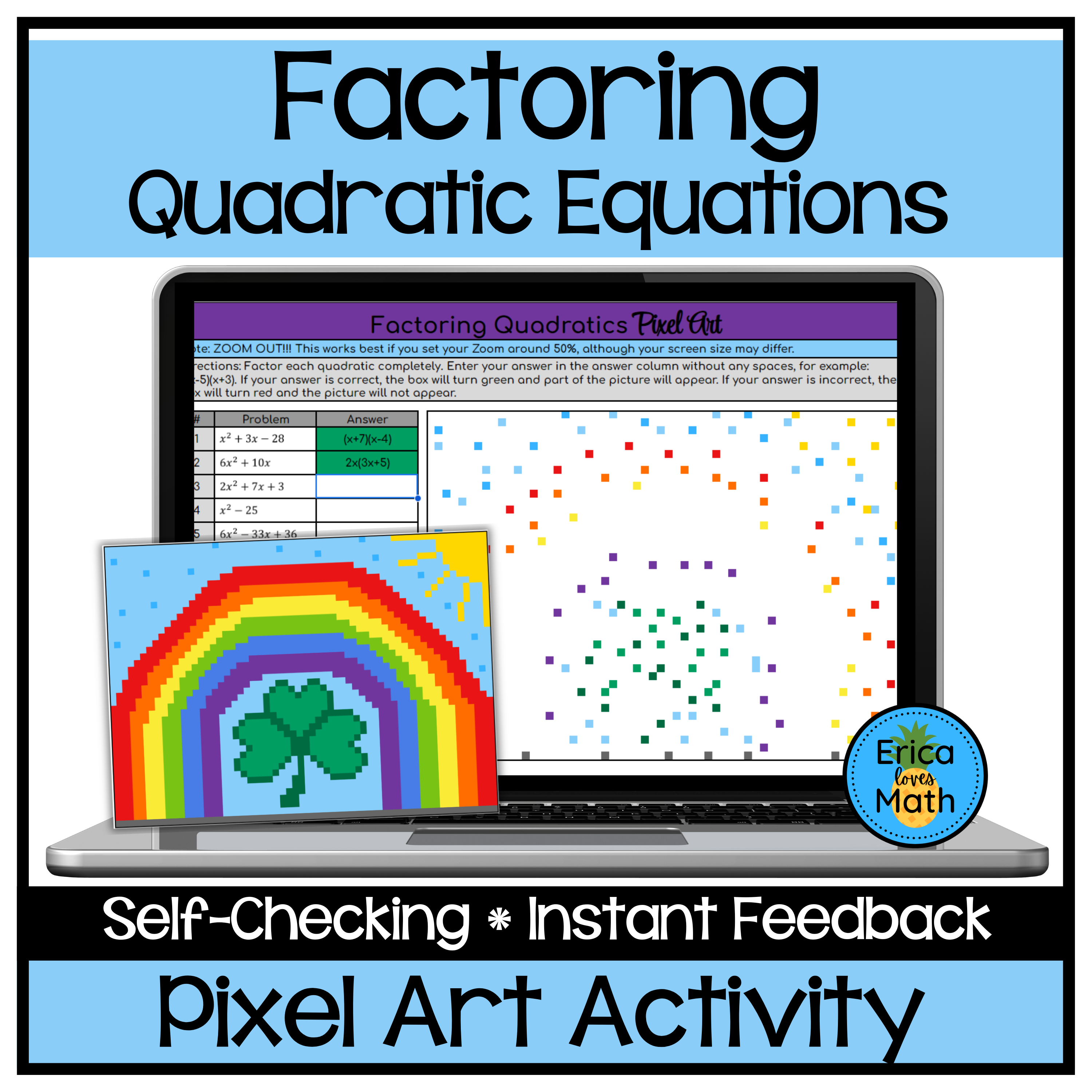Factoring Quadratic Equations Digital Pixel Art Activity for St. Patrick’s Day