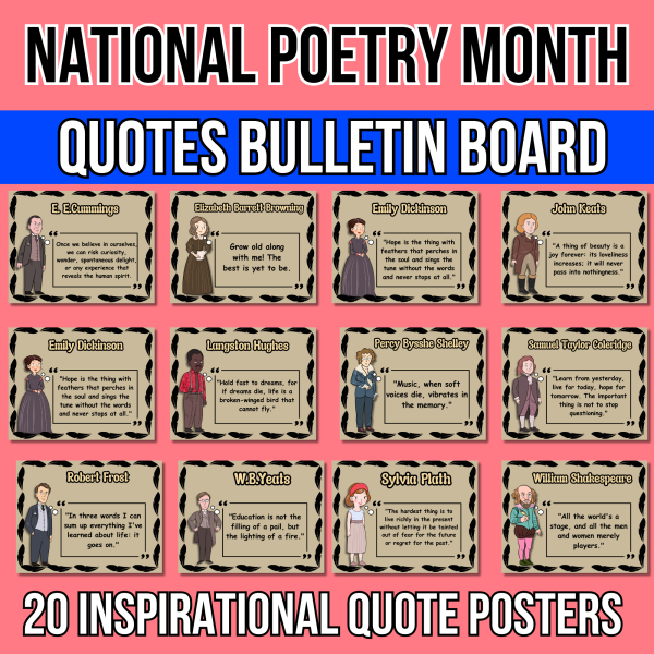National Poetry Month Quotes Bulletin Board Set -20 Inspirational Quote ...