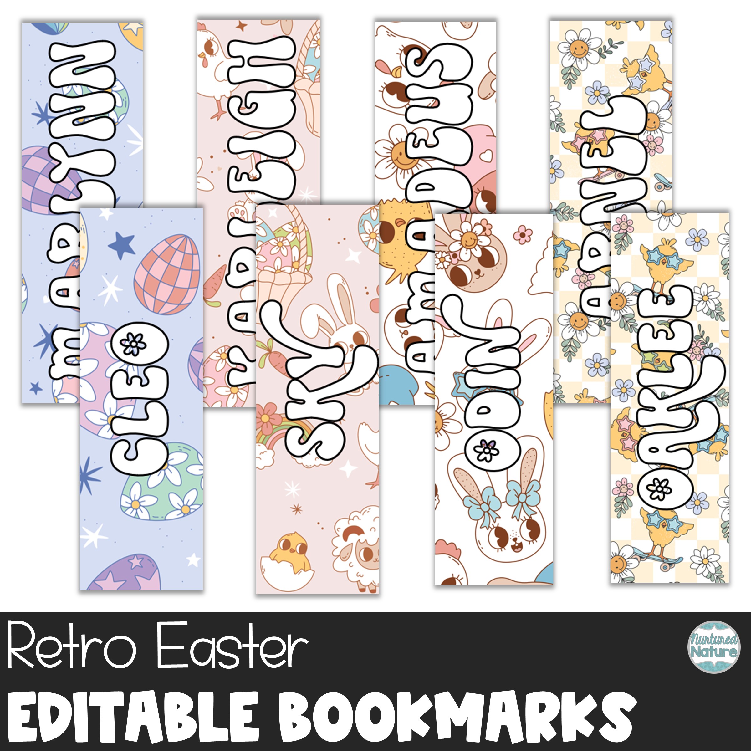 Personalized Easter Gift for Students - Retro Editable Name Bookmarks