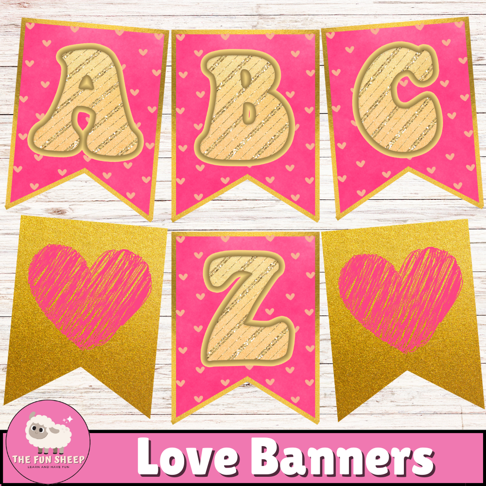 Love Banners | Pink & Gold Love Flags Printable Hearts Garland Party DIY Decor