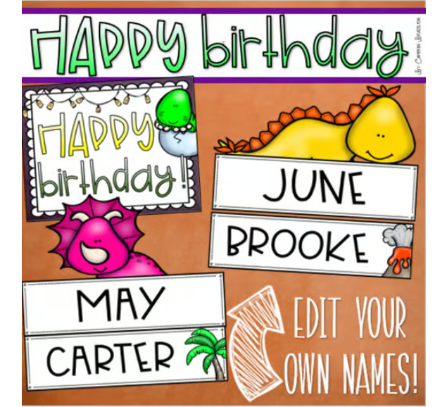 Happy Birthday Bulletin Board Display Posters Dinosaur Dino Editable
