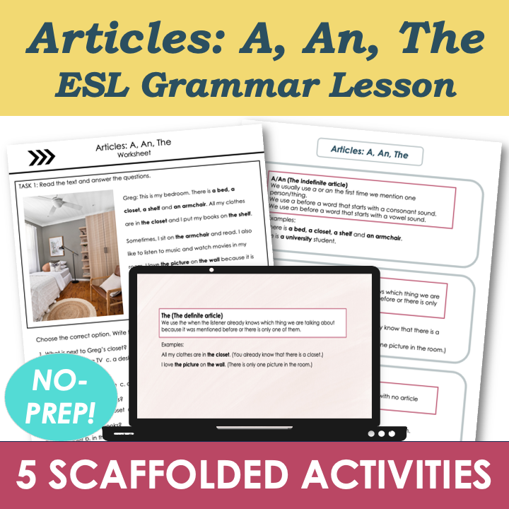 Articles A, An, The - Adult ESL Beginner Grammar Lesson, Worksheets, Activities FREEBIE