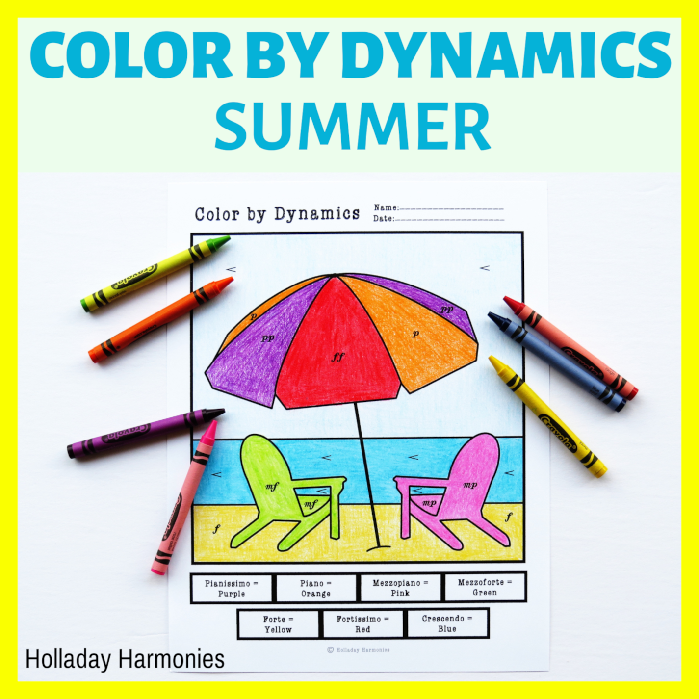 Summer Themed Color by Dynamics Worksheets - Music Dynamics Activities
