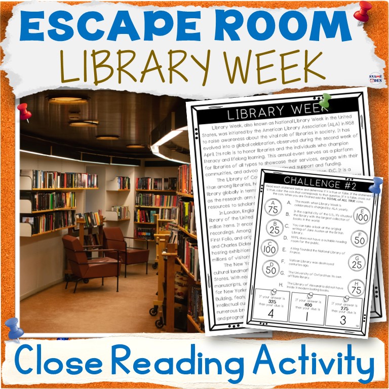 Library Week 2024 Escape Room Close Reading Passage Comprehension Activity