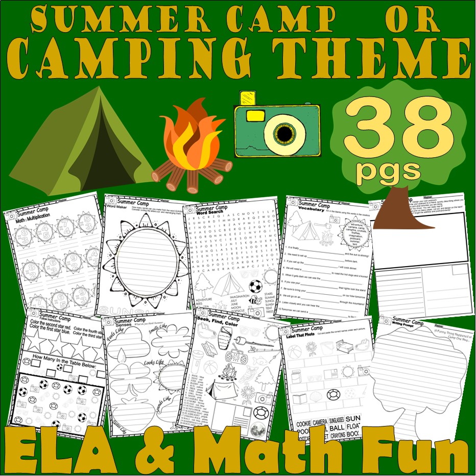 Camping Summer Camp Theme NO PREP Worksheets Writing Activities Math ELA
