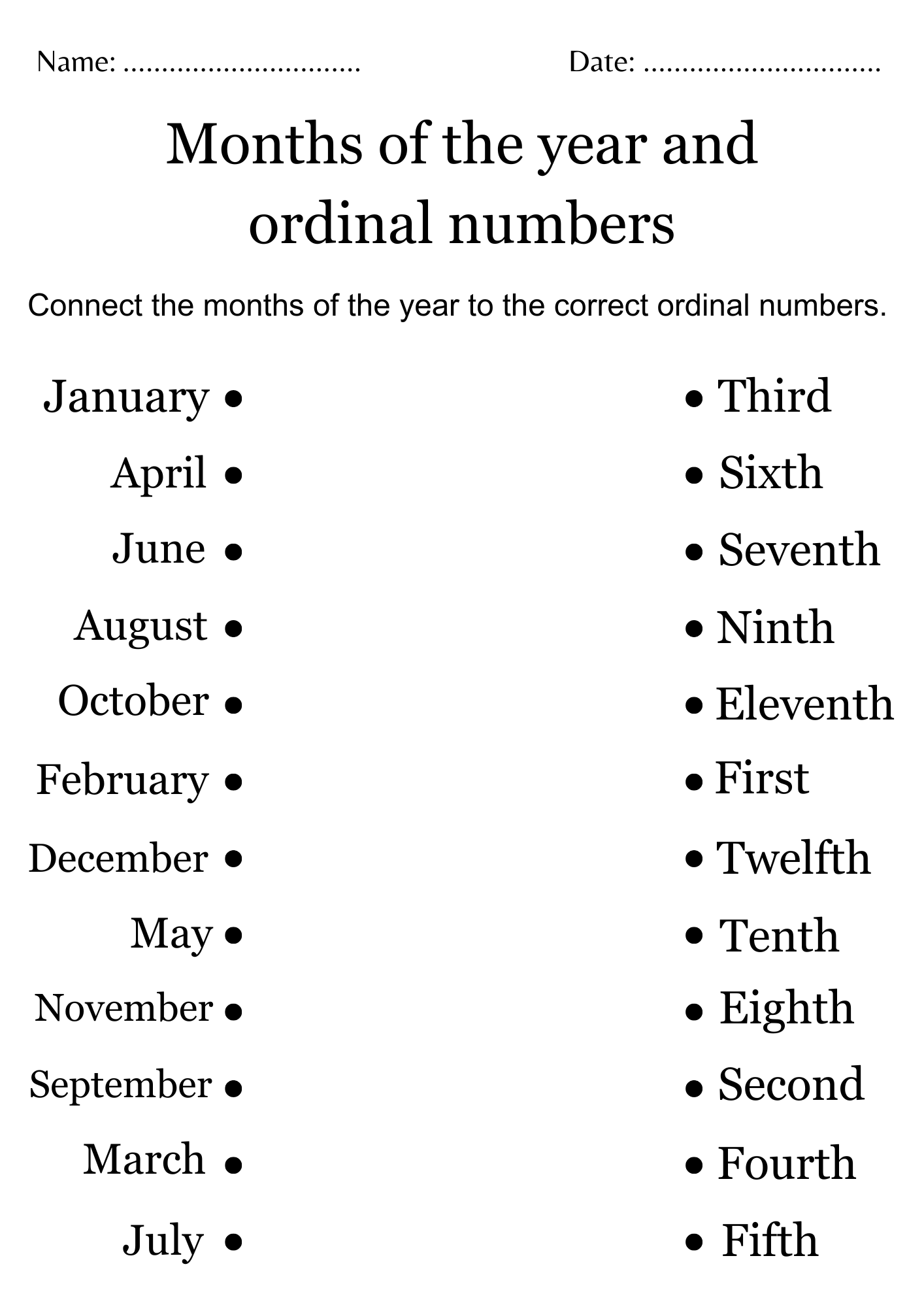 months of the year and ordinal numbers worksheet