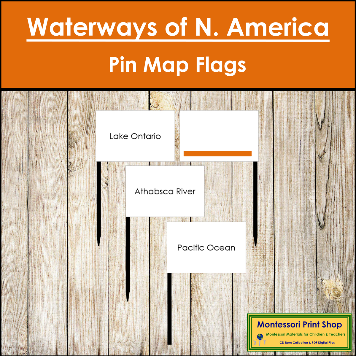 Waterways of North America Map Labels - Pin Map Flags (color-coded)