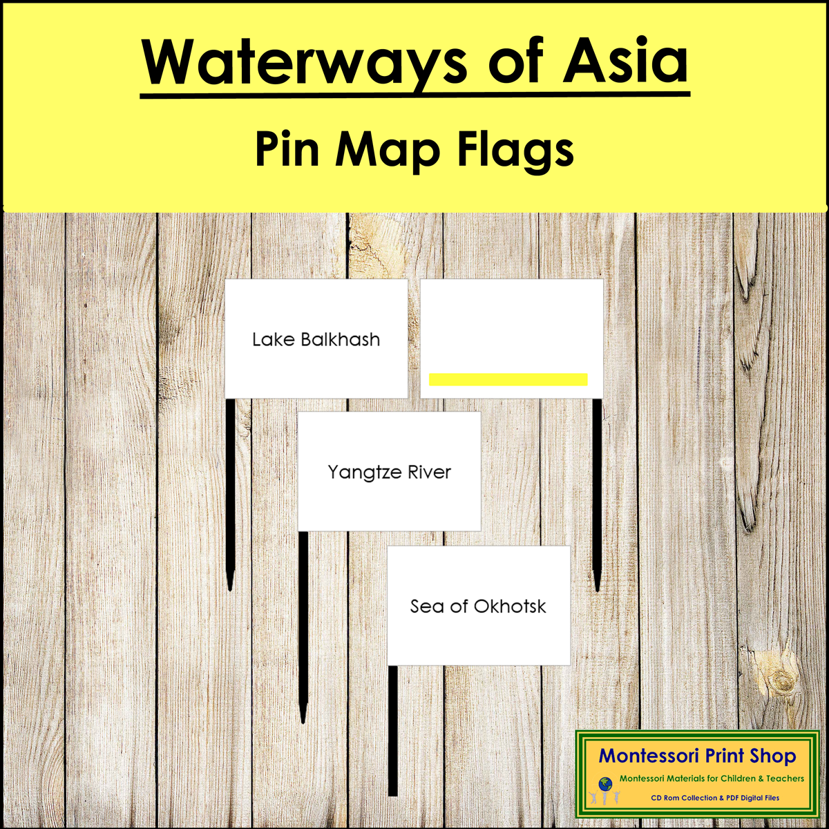 Waterways of Asia Map Labels - Pin Map Flags (color-coded)