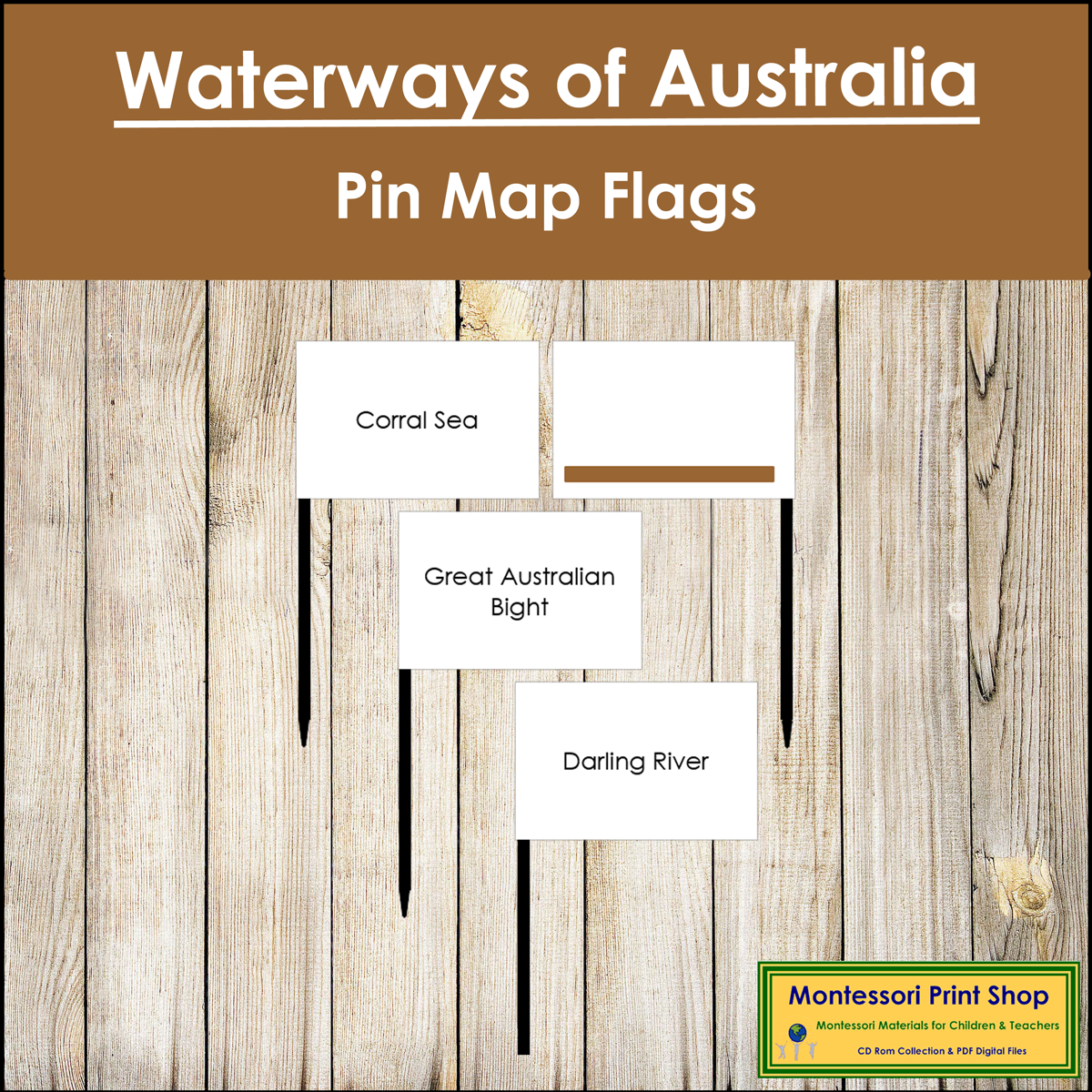 Waterways of Australia Map Labels - Pin Map Flags (color-coded)